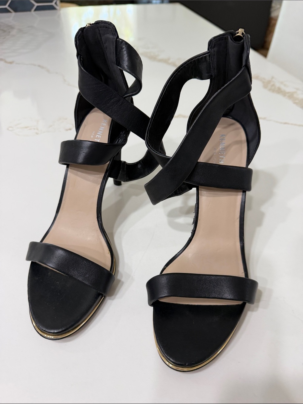 Kenneth Cole Brooke Sandal Heel in Black with Gold Toe | 9.5